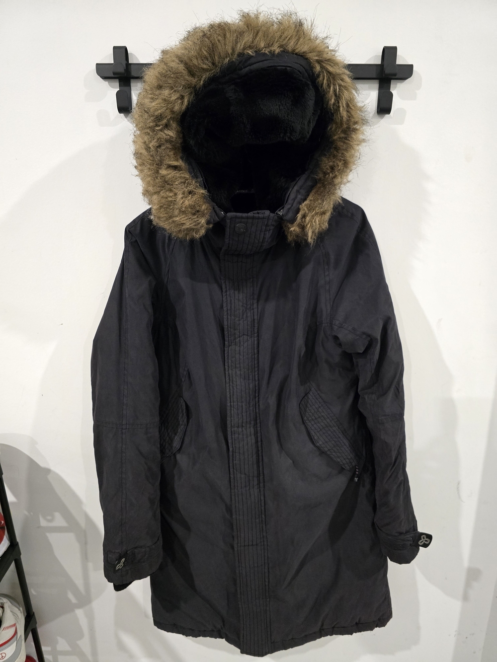 TNA Black Hooded Coat with Brown Faux-Fur Trim